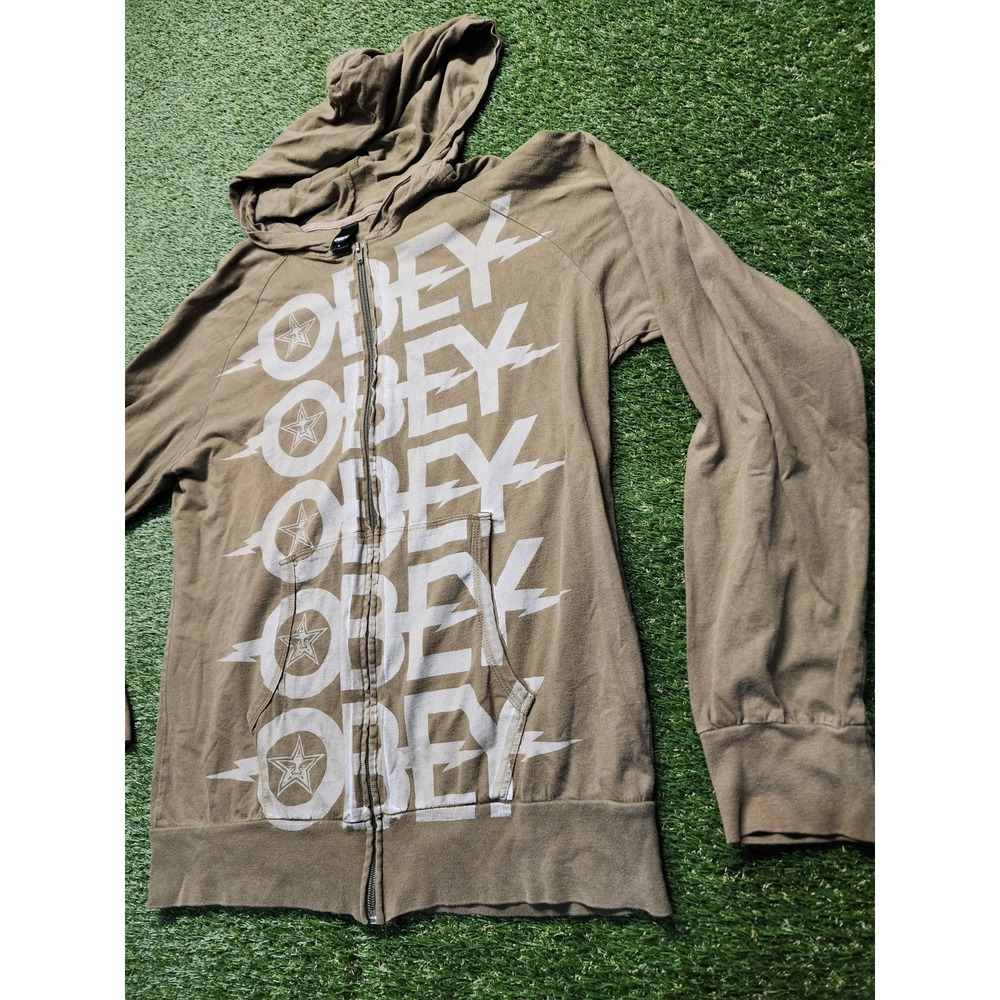 Obey Hoodie Mens Medium Tan Brown Full Zip Sweatshirt Jacket Large - Picture 3 of 5